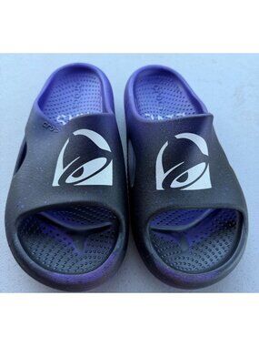 Crocs x Taco Bell Mellow Slides Black & Ultraviolet Design Size Men 6/Women 8